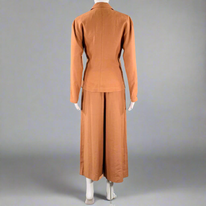 CLAUDE MONTANA Size 4 Brown Linen Blend Pleated Flat Front Pants Suit