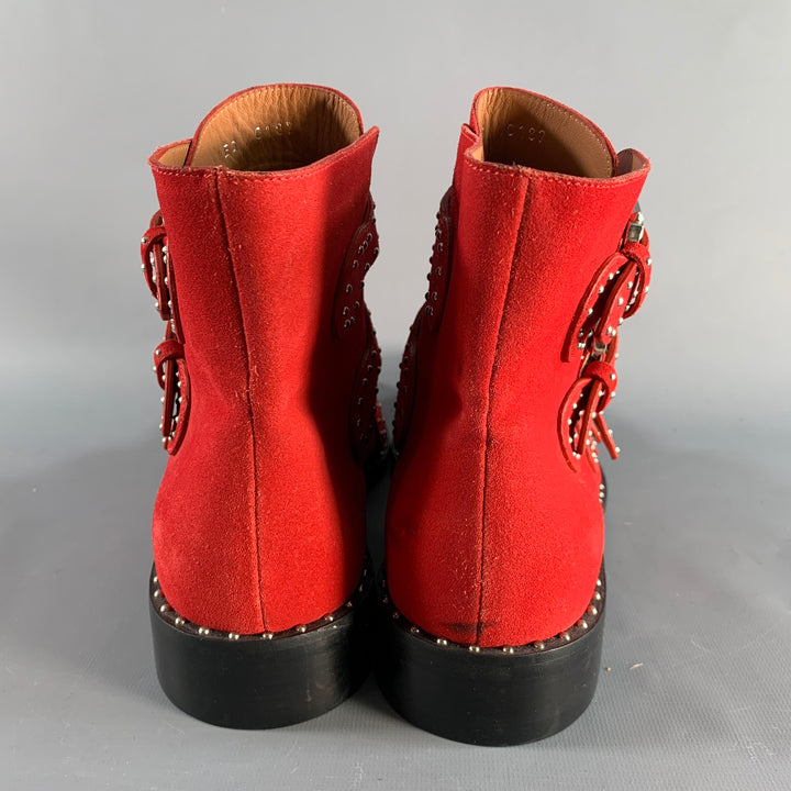 GIVENCHY Size 9 Red Studded Leather Belted Boots