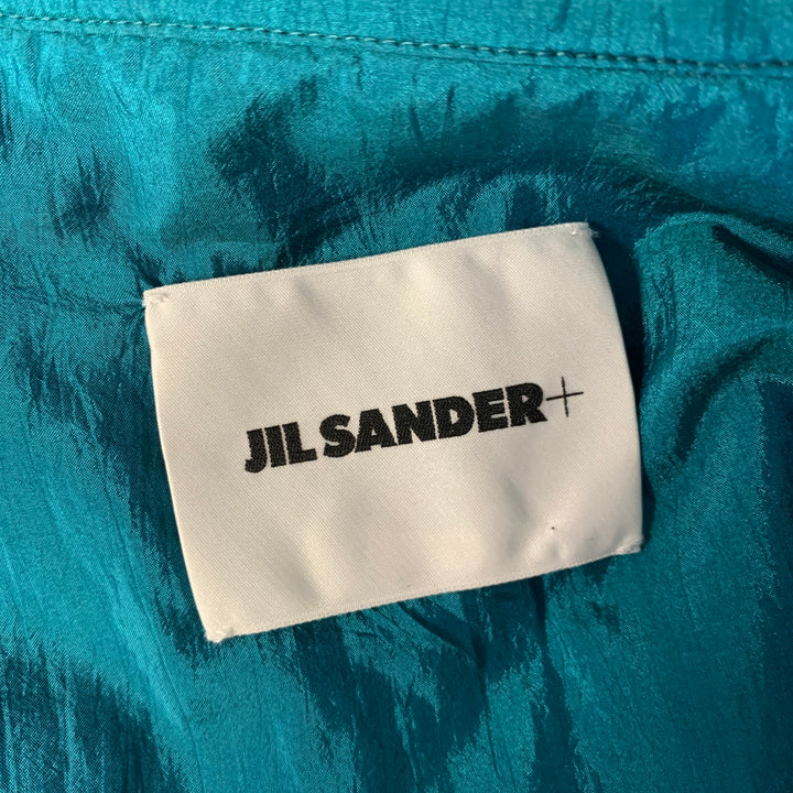 JIL SANDER Size XL Teal Polyamide Silk Camp Short Sleeve Shirt