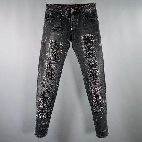 PHILIPP PLEIN Size 29 Black Grey Paint Splatter Cotton Straight Distressed Jeans