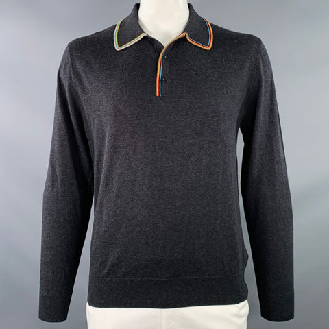 PAUL SMITH Size L Grey Contrast Trim Cotton Merino Wool Long Sleeve Polo