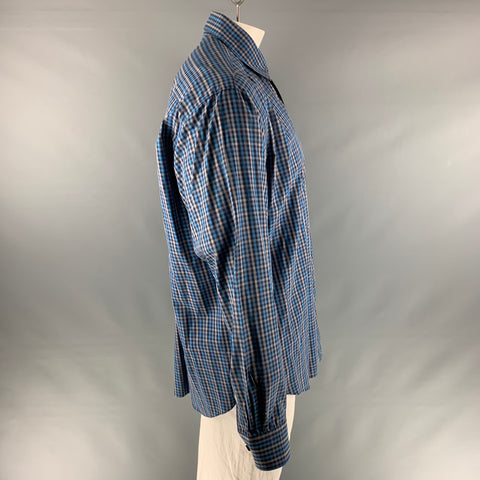 ROBERT TALBOTT Size XL Blue Taupe Checkered Cotton One pocket Long Sleeve Shirt
