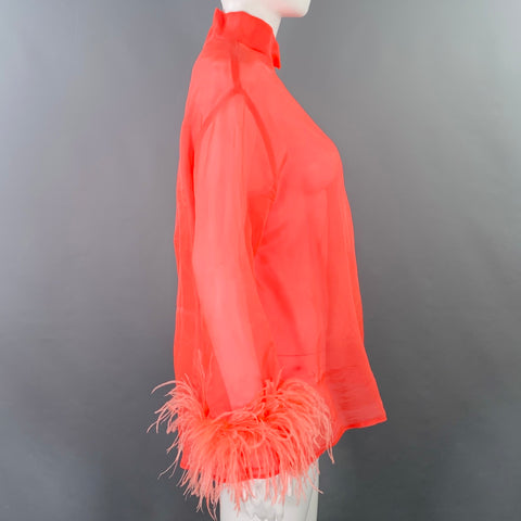 LAPOINTE Size S Pink Coral Silk High Neck Feather Trim Blouse
