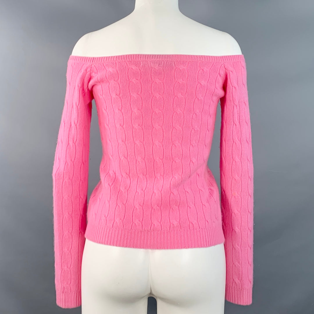 RALPH LAUREN Size M Pink Cashmere Cable Knit Off Shoulder Pullover