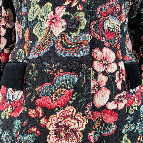 ANNE FONTAINE Size 10 Saskia Black Multi Color Floral Jacquard Velvet Trim Jacket Blazer
