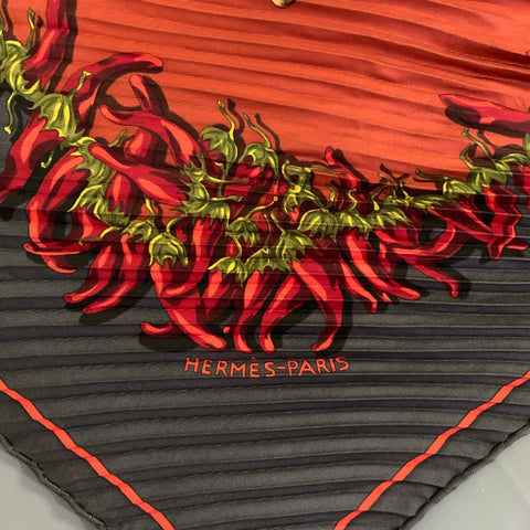 HERMES Burgundy Black Pleated Silk Scarves