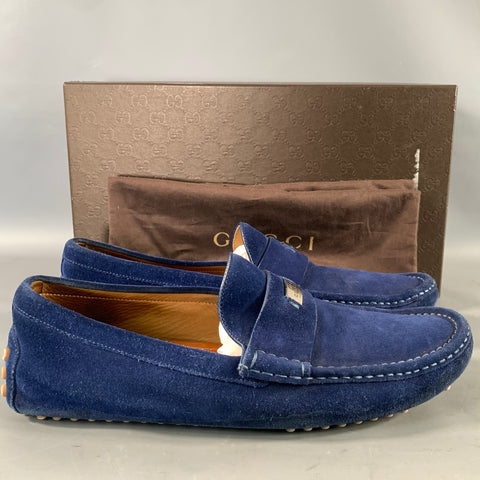 GUCCI Size 11 Blue Suede Slip On Loafers