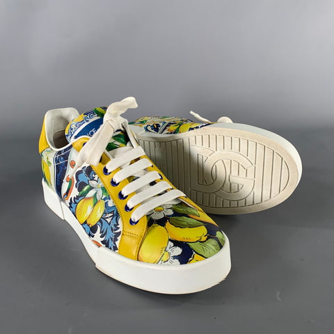 DOLCE & GABBANA Size 7 Yellow Blue Leather Floral Low Top Sneakers