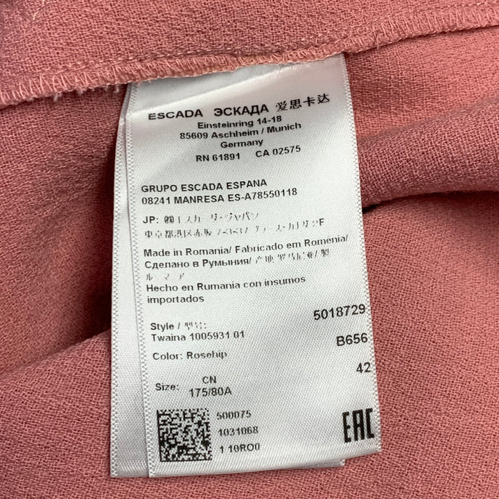 ESCADA Size L Pink Virgin Wool Crepe Scalloped Trim Zip Fly Dress Pants