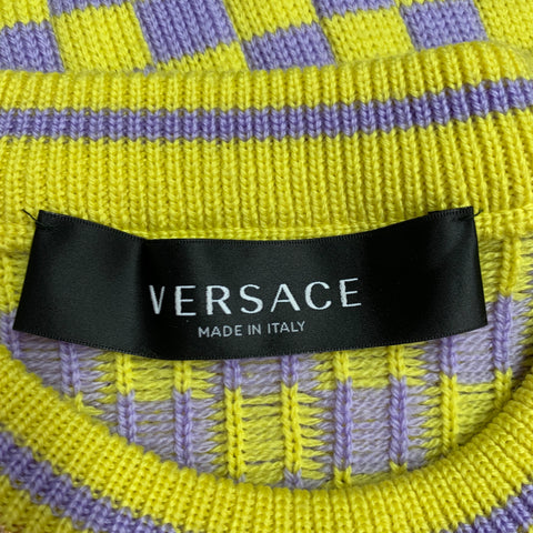 VERSACE Size S Yellow Lavender Wool Blend Checkered Crew Neck Casual Top