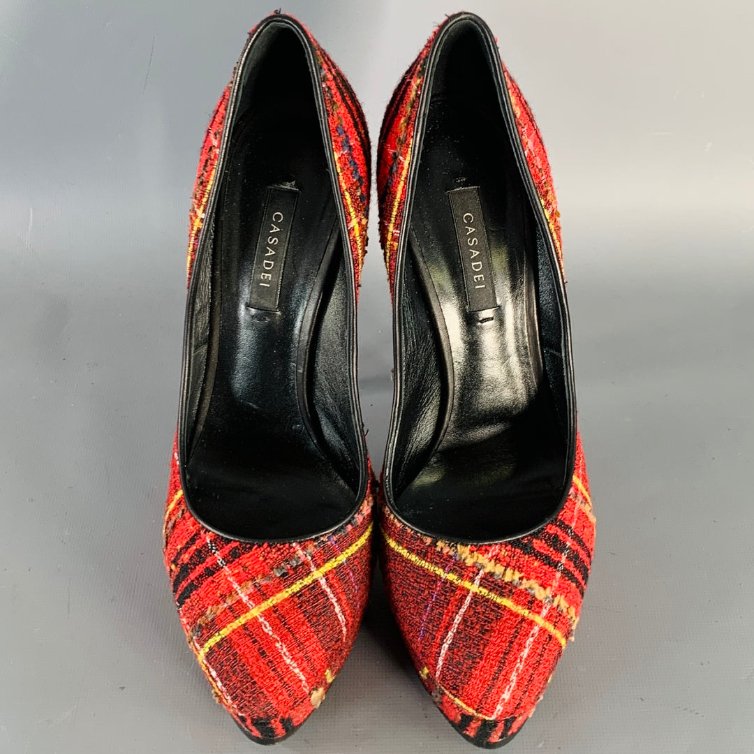 CASADEI Size 9 Red Black Yellow Tweed Plaid Leather Trim Platform Pumps