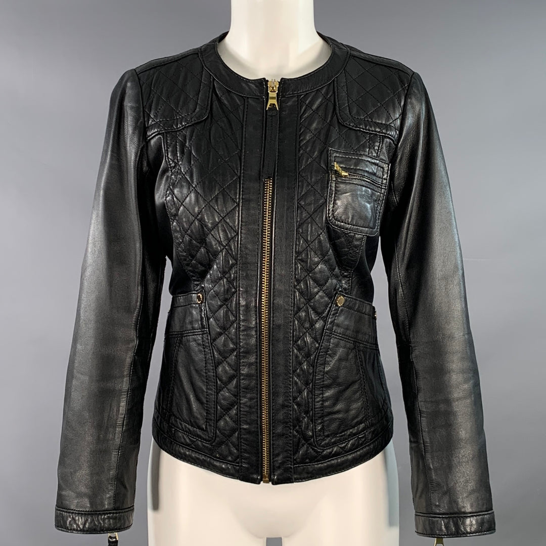TORY BURCH Size M Black Leather Quilted Zip Up Jacket