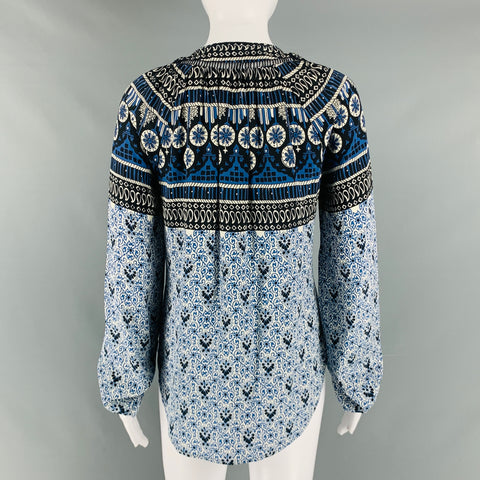 VERONICA BEARD Size 0 Blue Black & White Silk Print Metal Buttons Blouse