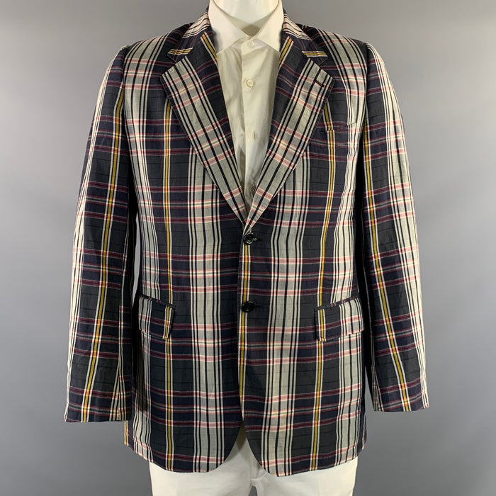 DRIES VAN NOTEN Chest Size 42 Grey Red Plaid Linen & Cotton Sport Coat