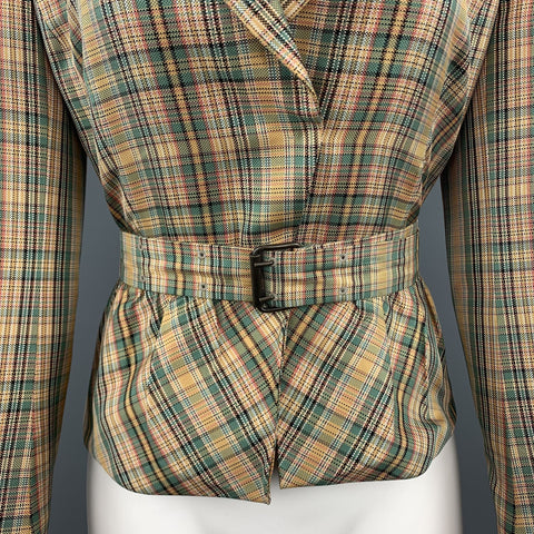 AKRIS Size 8 Gold & Green Plaid Silk  Cropped Belted Blazer