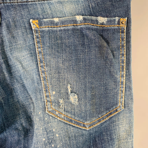 DSQUARED2 Jean slim à braguette boutonnée, bleu et blanc éclaboussé de peinture, taille 28