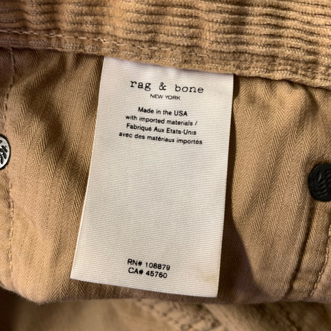 RAG & BONE Size 32 Camel Corduroy Cotton Blend Casual Pants