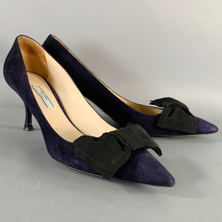 PRADA Size 11 Navy Suede Bow Pointed Toe Kitten Heel Pumps