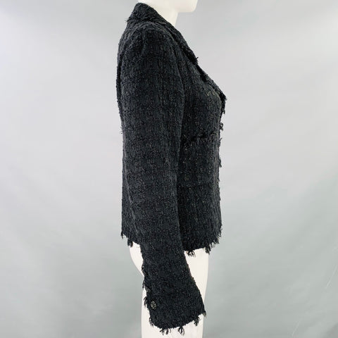 CHANEL Size 4 Black Cotton Blend Boucle Single Breasted Jacket Blazer