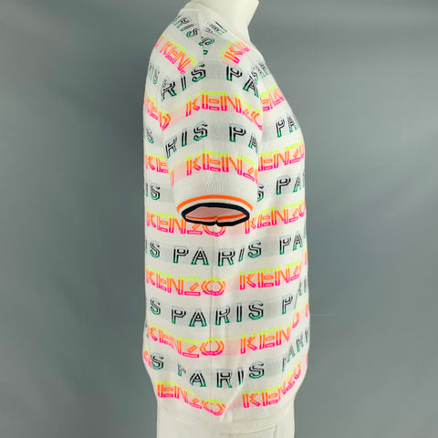 KENZO Size L White Multi Color Logo Cotton Polyester Short Sleeve Pullover