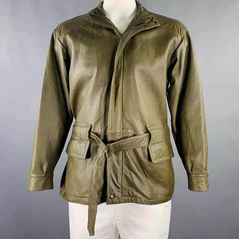 Veste zippée FIOCCHI en cuir vert avec ceinture – Taille 44