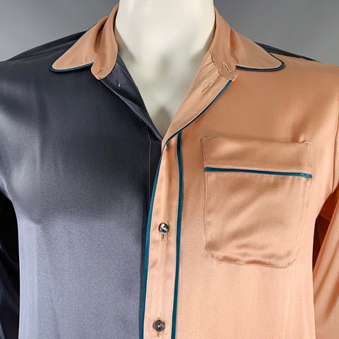 PIERRE-LOUIS MASCIA Size L Blue Pink Color Block Silk Long Sleeve Shirt
