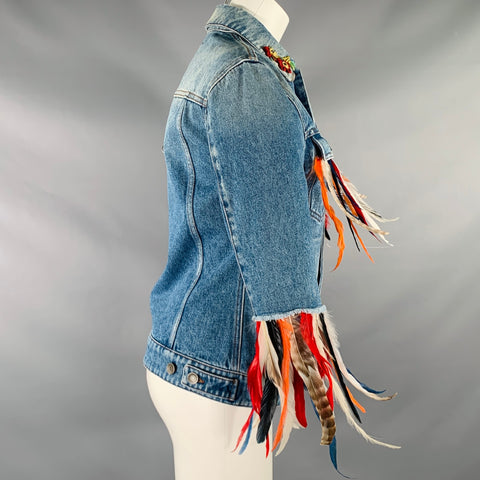 DOLCE & GABBANA Size XS Blue Multi-Color Cotton Feathers Denim Jacket
