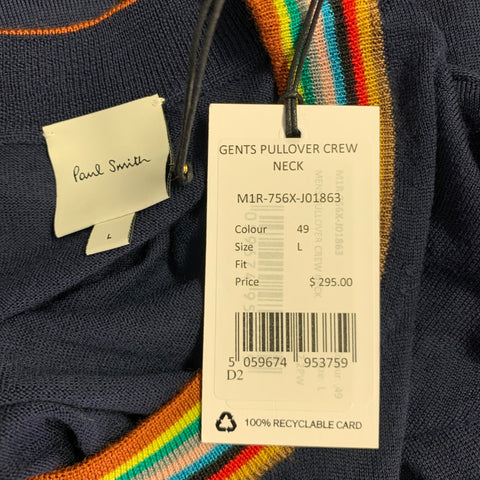 PAUL SMITH Size L Navy Multi Color Merino Wool Contrast Trim Pullover