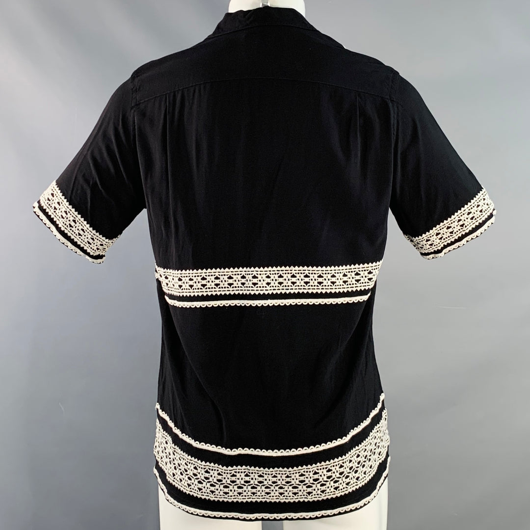 PORTUGUESE FLANNEL Size M Black White Lace Embroidery Viscose Camp Short Sleeve Shirt