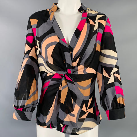 DIANE VON FURSTENBERG Size 8 Multi Color Silk Ruched V-Neck Blouse