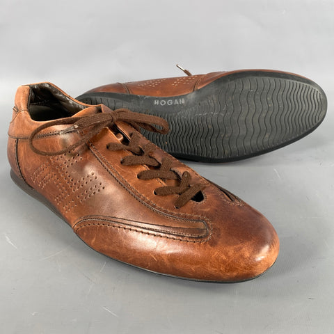 HOGAN Size 11 Brown Distressed Leather Soccer Sneakers