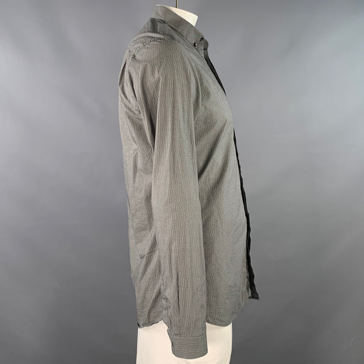 THE KOOPLES Size L Black White Cotton Basketweave Skull Hidden Buttons Fitted Long Sleeve Shirt