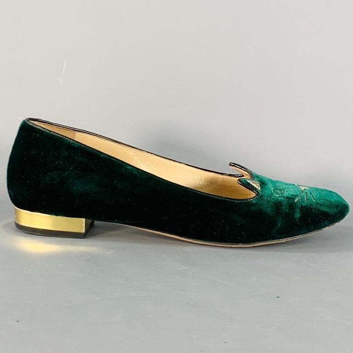 CHARLOTTE OLYMPIA Size 8.5 Green Gold Velvet Embroidered Kitty Slip On Flats