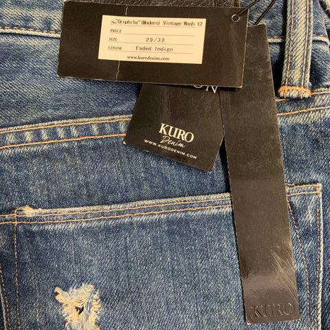 KURO Size 29 Graphite Blue Contrast Stitch Cotton Distressed Selvedge Jeans