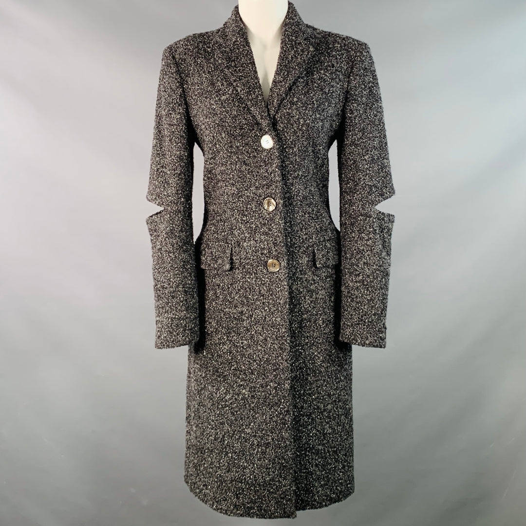 MICHAEL KORS COLLECTION Size 4 Grey Black Silver Wool Blend Tweed Cutouts Coat