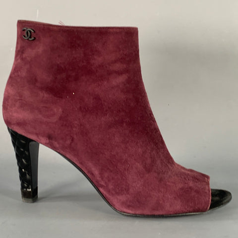 CHANEL Size 8.5 Burgundy Suede Peep Toe Side Zipper Ankle Boots
