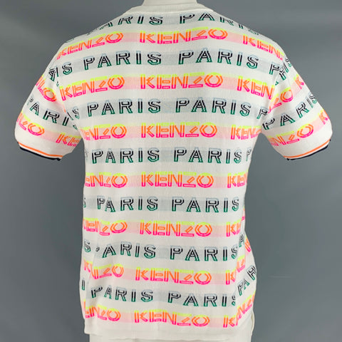 KENZO Size L White Multi Color Logo Cotton Polyester Short Sleeve Pullover
