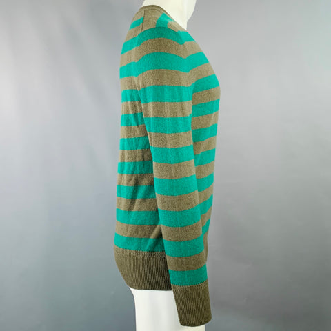 BURBERRY BRIT Size M Green Brown Stripe Cashmere V-Neck Pullover