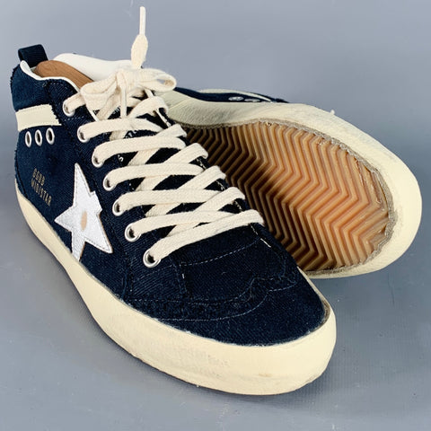 GOLDEN GOOSE MIDSTAR Size 7 Navy Cream Canvas Distressed Mid Top Sneakers