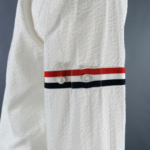 THOM BROWNE Size S White Red Navy Seersucker One Pocket Long Sleeve Shirt