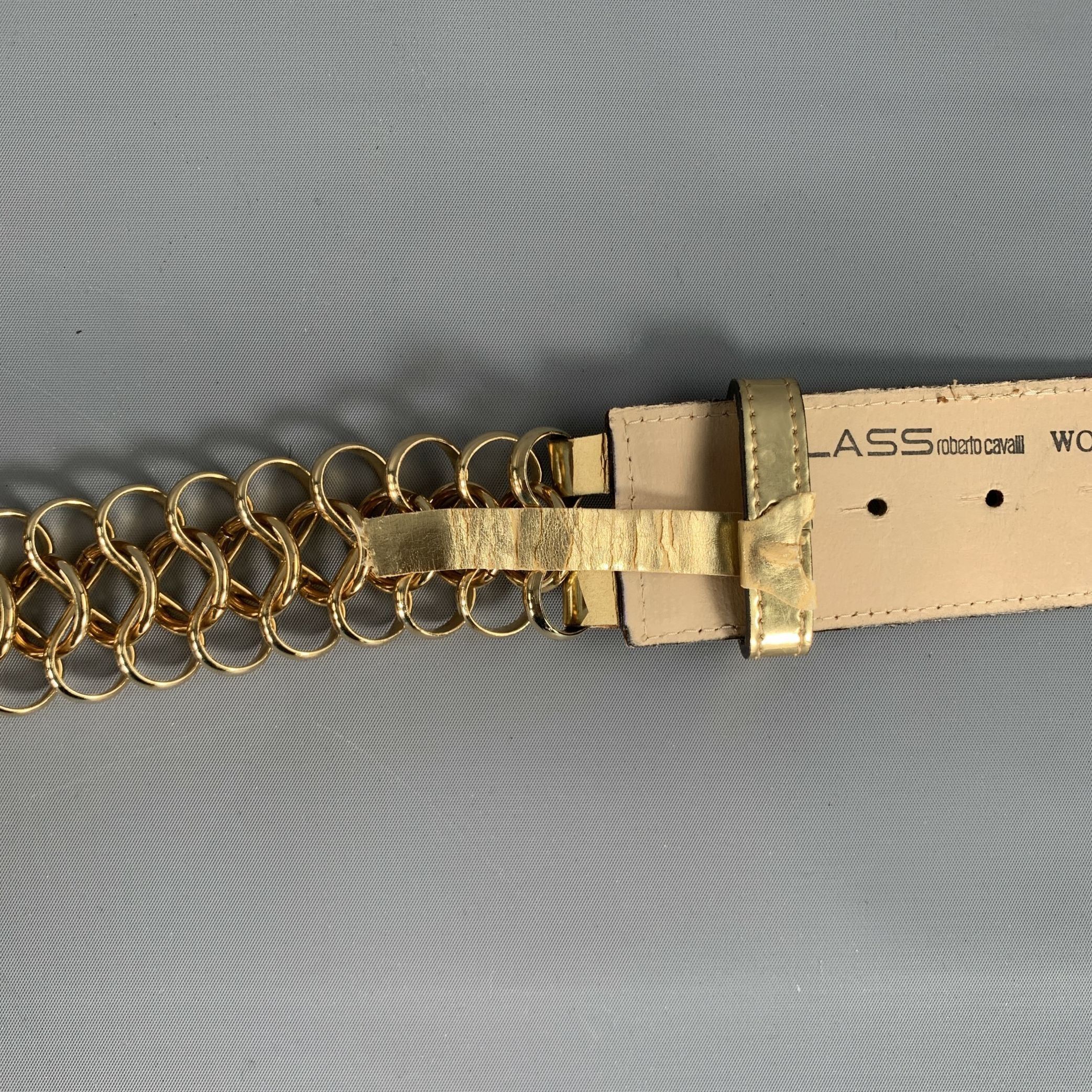 新品 CLASS roberto cavalli チェーンベルトゴールド U ① ROBERTO CAVALLI Waist Size M Gold Chain Link Leather Enamel Belt