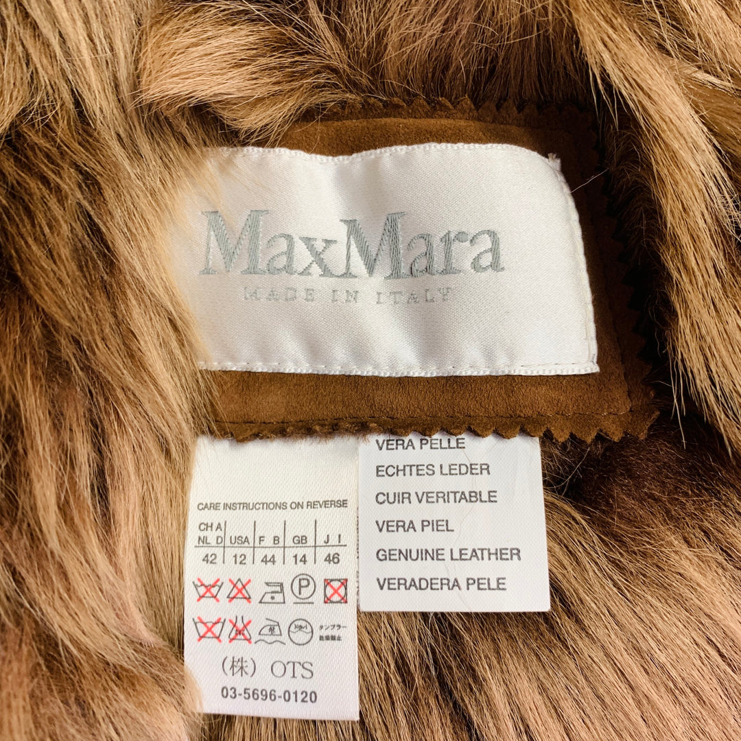 MAX MARA Size 12 Brown Rust Suede Shearling Trim Coat