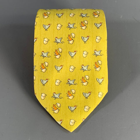 HERMES Green Multi-Color Birds Silk Tie