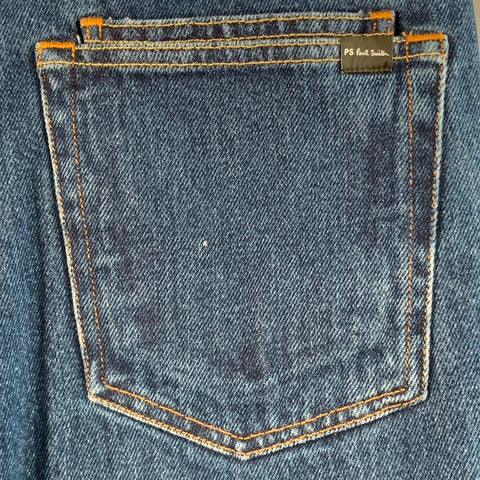 PAUL SMITH SS24 Size 34 Blue Washed Cotton Straight Contrast Stitch Jeans