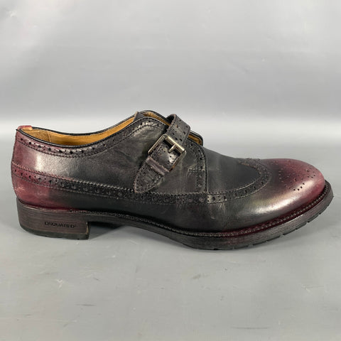 DSQUARED2 Size 11 Black Burgundy Perforated Leather Wingtip Loafers