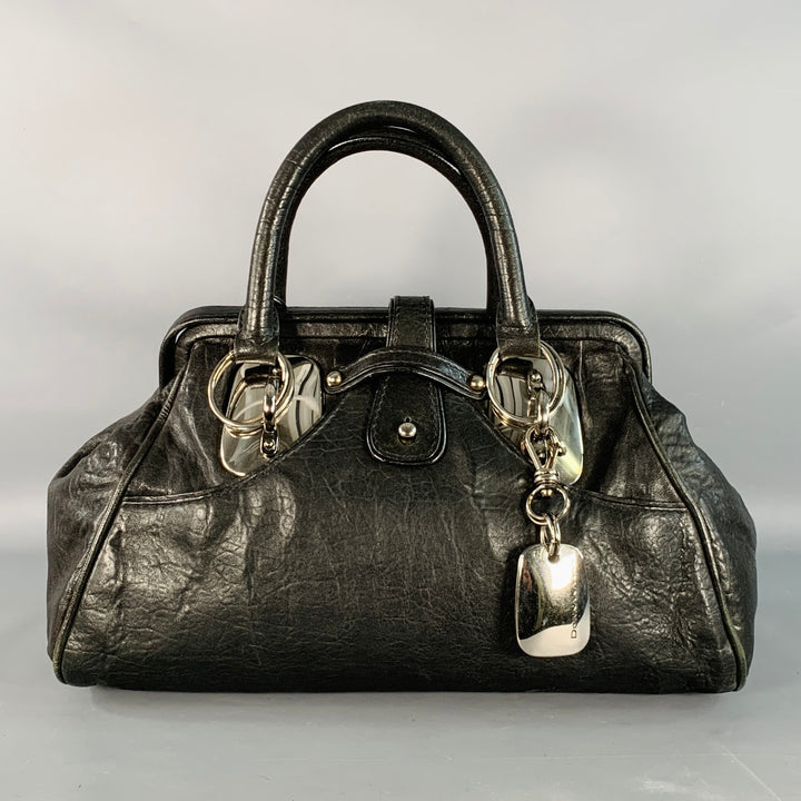 DONNA KARAN Black Silver Leather Doctor Handbag