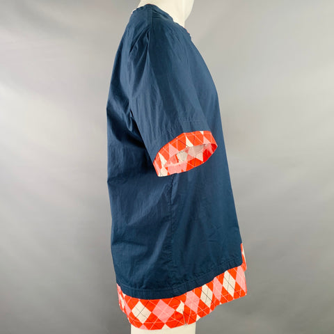 MSGM Size M Navy Red White Cotton Plaid Trim Crew Neck T-shirt