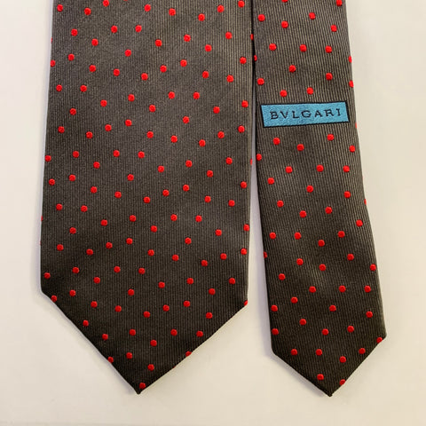 BVLGARI Brown Red Polka Dot Silk Tie