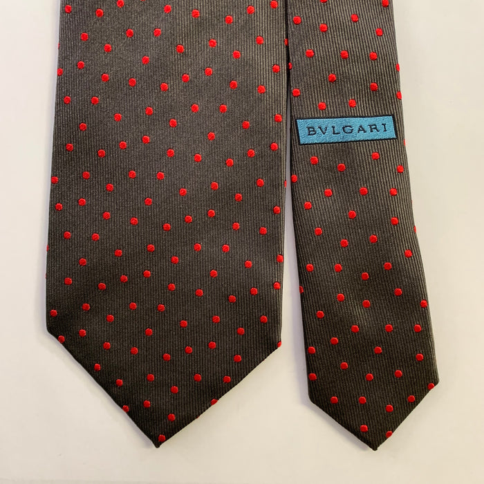 BVLGARI Brown Red Polka Dot Silk Tie