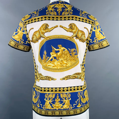 VERSACE Size S Blue Gold Print Cotton Crew Neck T-shirt